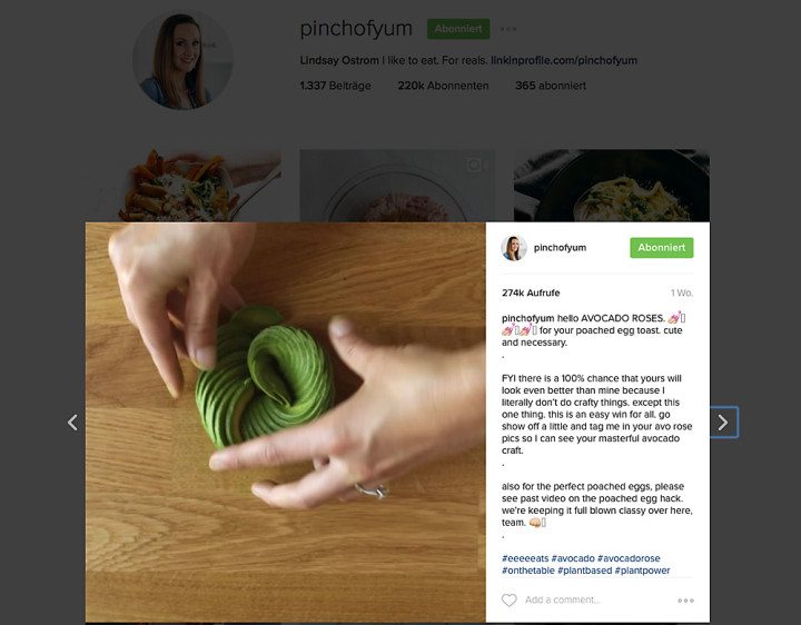 Ordentliche Likes: Für das Schneiden einer Avocado-Rose interessieren sich bei dieser Kurz-Anleitung mehr als nur die eigenen Follower des Foodblogs.